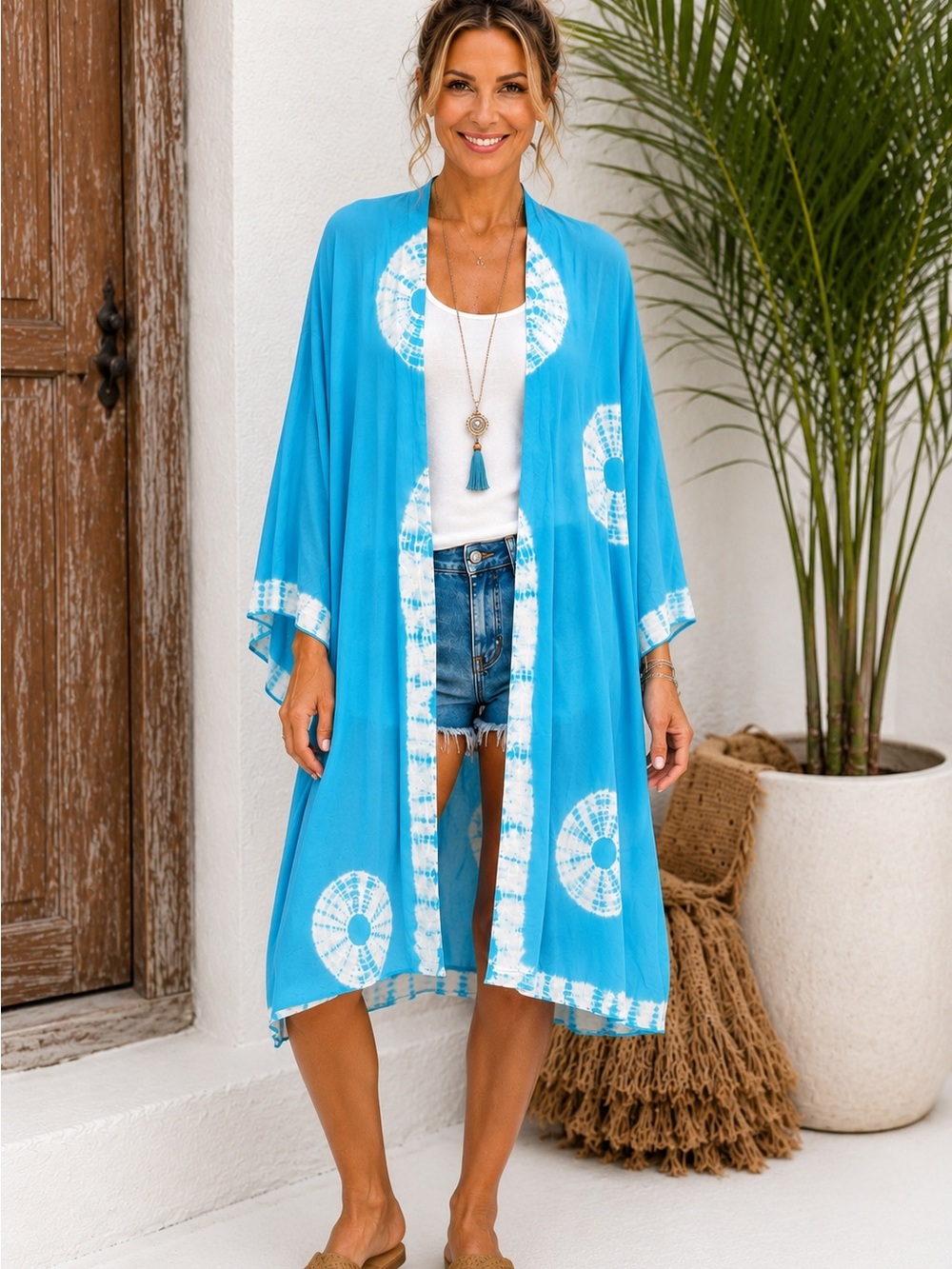 Lori Goldstein LOO Beach to Street Blue Tie-Dye Open Front Kimono Cover Up L A24